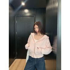 批发慵懒粉色拉链连帽卫衣<b class='q'>外套</b>女宽松木耳边长袖帽衫上衣潮