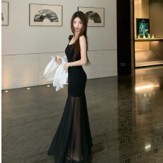 批发人棉拼接网纱 拼接吊带连衣裙设计感修身长裙收腰包臀a字<b class='q'>裙子</b>