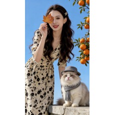 批发印花中长款法式新款A字裙v领显瘦卡其色短袖开叉淑时尚复古夏春<b class='q'>秋</b>