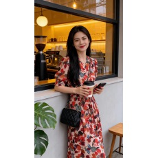 批发中长款法式新款A字裙v领显瘦夏季过膝短袖开叉淑女时尚复古夏春<b class='q'>秋</b>