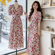 批发印花中长款法式新款A字裙v领显瘦印花碎花短袖开叉淑女复古夏春<b class='q'>秋</b>