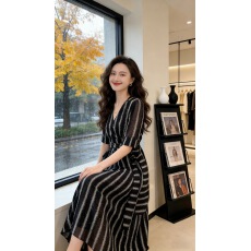 批发印花中长款法式新款A字裙v领显瘦条纹短袖开叉淑女复古夏春<b class='q'>秋</b>