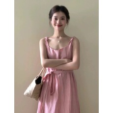 批发法式复古气质晕染吊带连衣裙女夏季海边度假<b class='q'>一字肩</b>粉色绝美小裙子