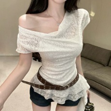 批发纯欲性感荡领短袖衬衫女夏季新款<b class='q'>收腰</b>绑带蕾丝小衫不规则飘带上衣