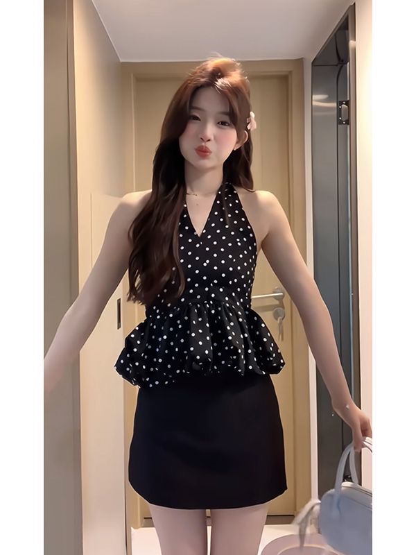 프랑스식 품격 도트 무늬 프린트 행침 목 이슬 뒤로 ~ 중 조끼 핫걸 다용도 Chic 꽃밭 맨위
