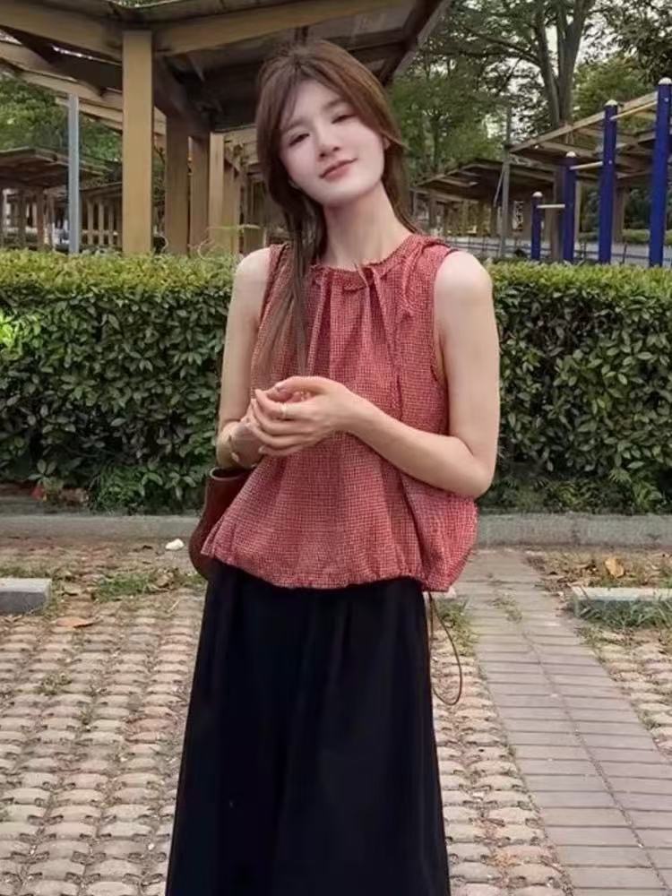 레트로 스타일 체크무늬 민소매 조끼 여성 셔츠 여름 새로운 고급 센스 캐주얼 루즈핏 슬림해 보이는 다용도 작은 셔츠 맨위