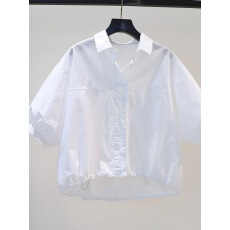 批发五分<b class='q'>袖</b>设计感衬衫女灯笼<b class='q'>袖</b>衬衣下摆抽绳宽松中<b class='q'>袖</b>短款<b class='q'>上衣</b>