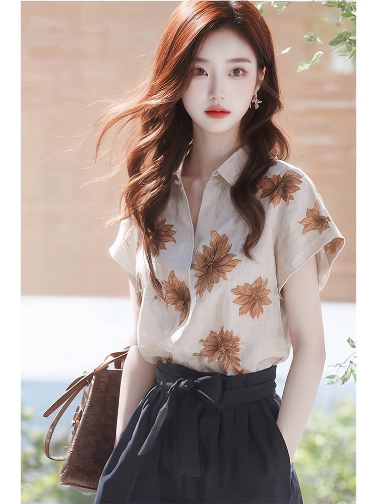아마 프린트 POLO 칼라 반팔 셔츠 여성 디자인 센스 작은 대중 여름 고유 한 Chic 루즈핏 얇은 스타일 맨위