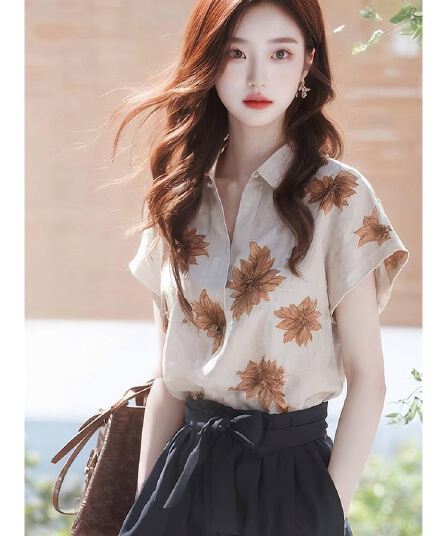 아마 프린트 POLO 칼라 반팔 셔츠 여성 디자인 센스 작은 대중 여름 고유 한 Chic 루즈핏 얇은 스타일 맨위