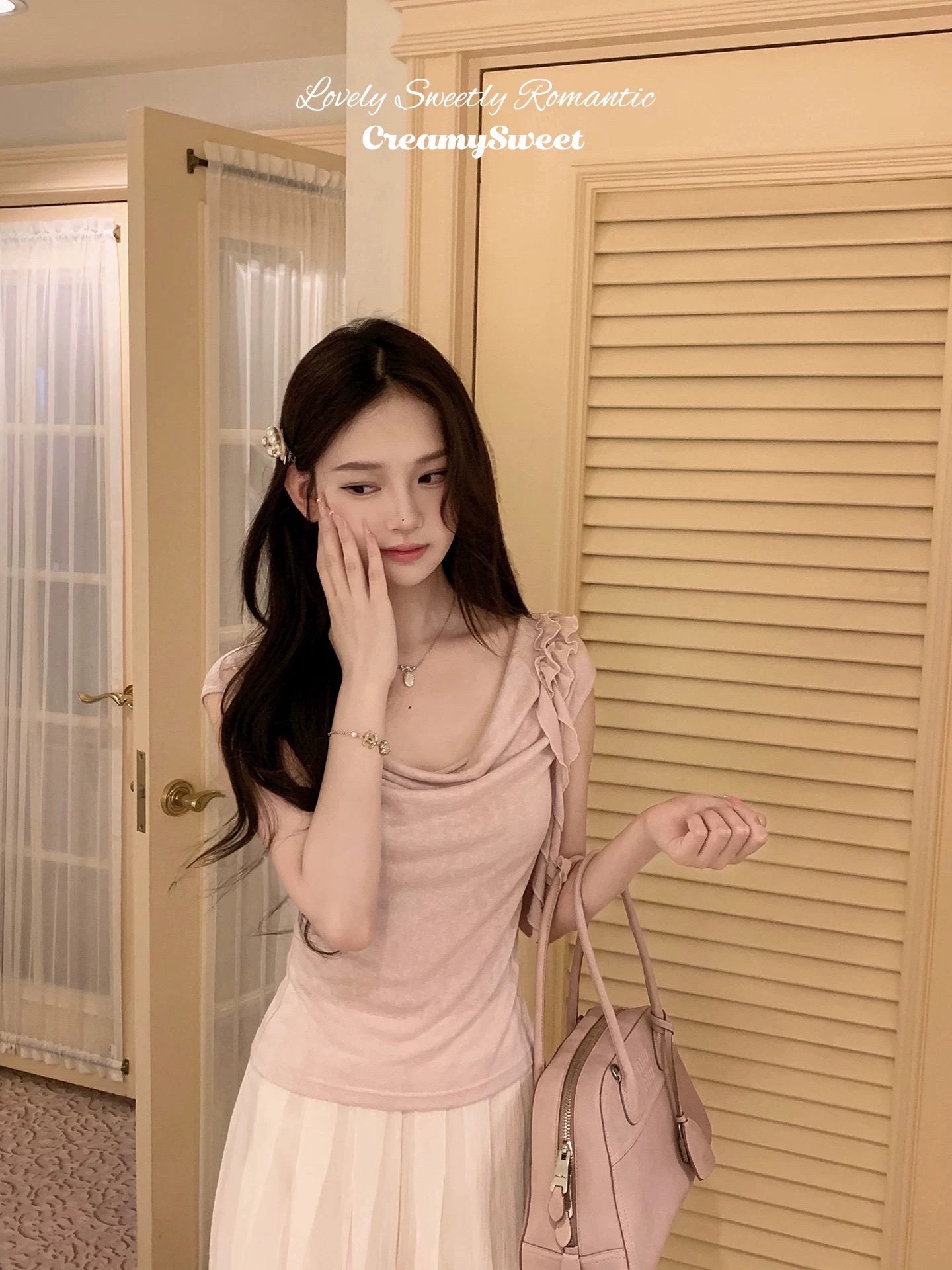 creamysweet Jiaojiao 센스 흔들다 칼라 주간 실크 양모 프릴 흔들다 칼라 맨위 여성 부드러운 허리 수축 티셔츠