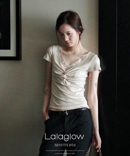 lalaglow 발레 속삭임 주간 실크 양모 레이스 몸매 가꾸기 슬림해 보이는 비틀림 반팔 티셔츠 다용도 맨위 여성
