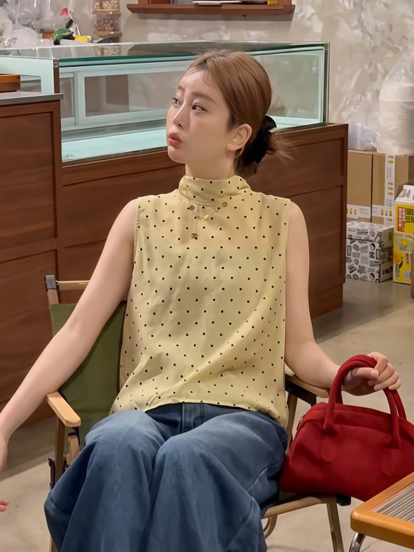 고급 센스 리본 도트 무늬 민소매 셔츠 여름 새로운 프랑스식 품격 작은 스탠드 칼라 조끼 외출용 인형 셔츠 여성