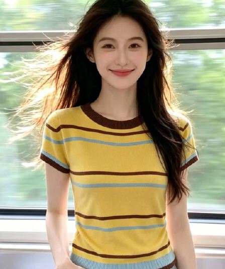 한국 스타일 레트로 스트라이프 배색 반팔 니트 스웨터 여성 여름 새로운 라운드 넥 다용도 패션 Chic 연령 감소 맨위