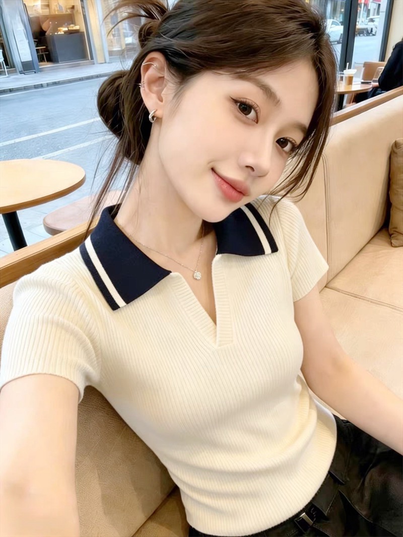 POLO 셔츠 폴로 칼라 얼음 실크 반팔 니트 스웨터 여성 얇은 스타일 외국 가스 티셔츠 루즈핏 연령 감소 배색 맨위