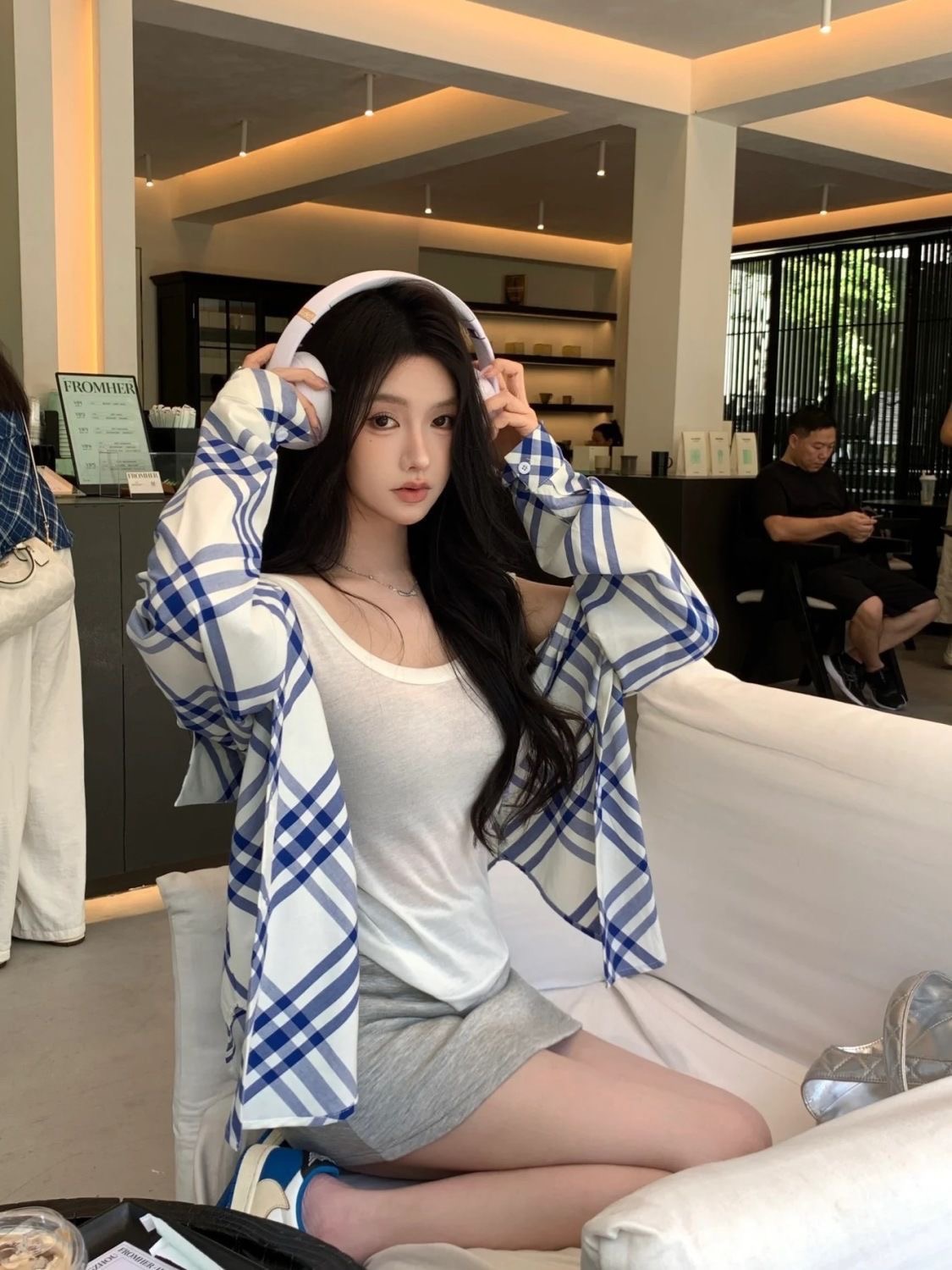 품격 다용도 블루 화이트 그리드 블루 화이트 스트라이프 긴팔 셔츠 재킷 루즈핏 캐주얼 자외선 차단 맨위 오픈 가디건 여성