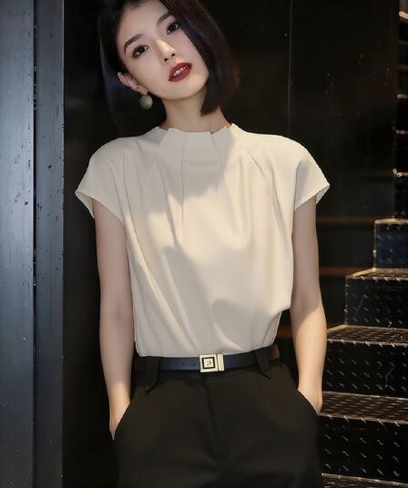 살구 색상 빛 럭셔리 Chic 반팔 셔츠 여성 의류 여름 2026 년 새로운 작은 셔츠 디자인 센스 아름다운 프랑스식 셔츠
