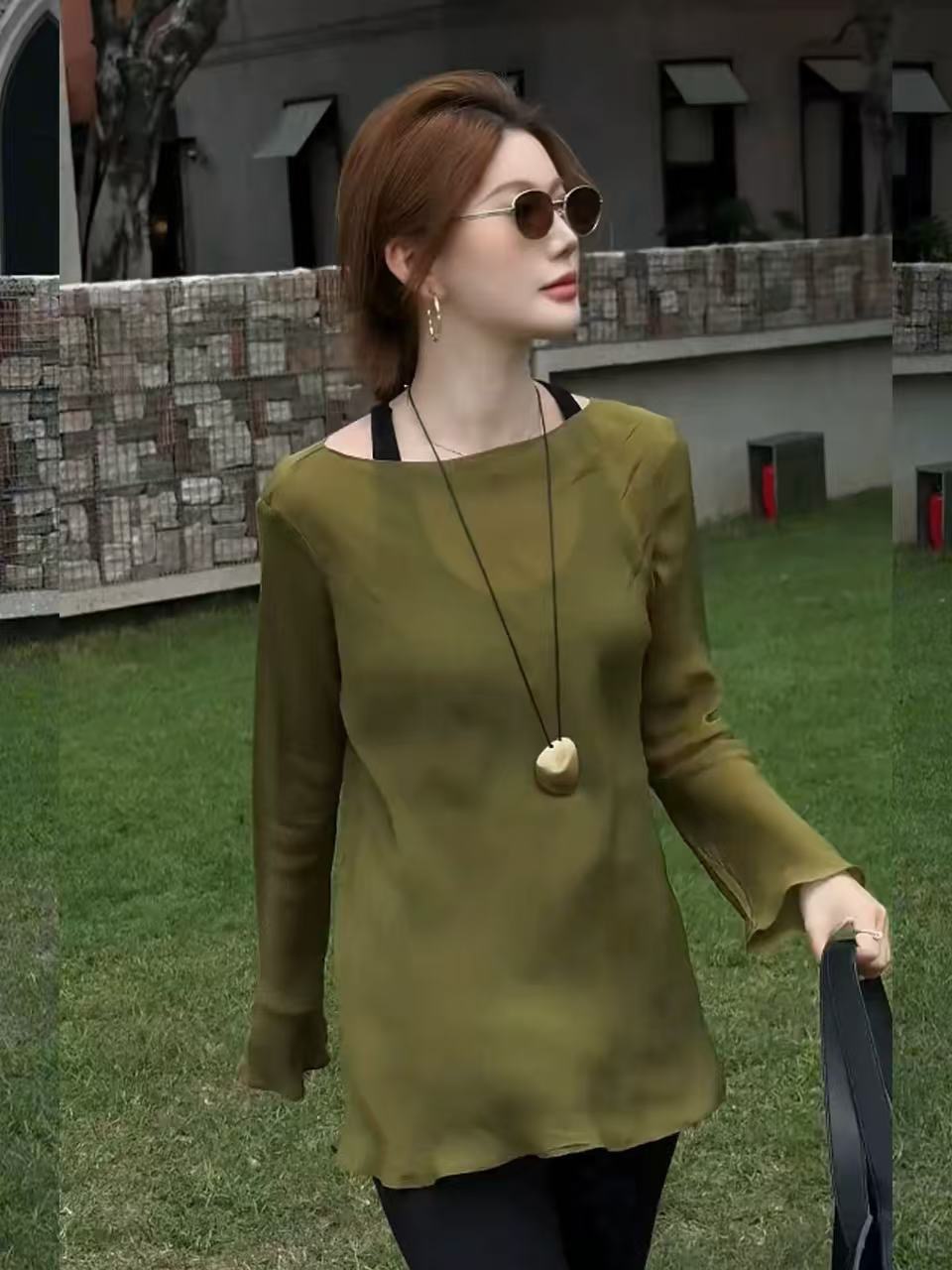 레트로 느슨함 센스 쉬폰 자외선 차단 블라우스 여성 여름 새로운 불규칙 느긋한 루즈핏 외출용 마이크로 ~을 통해 긴팔 맨위