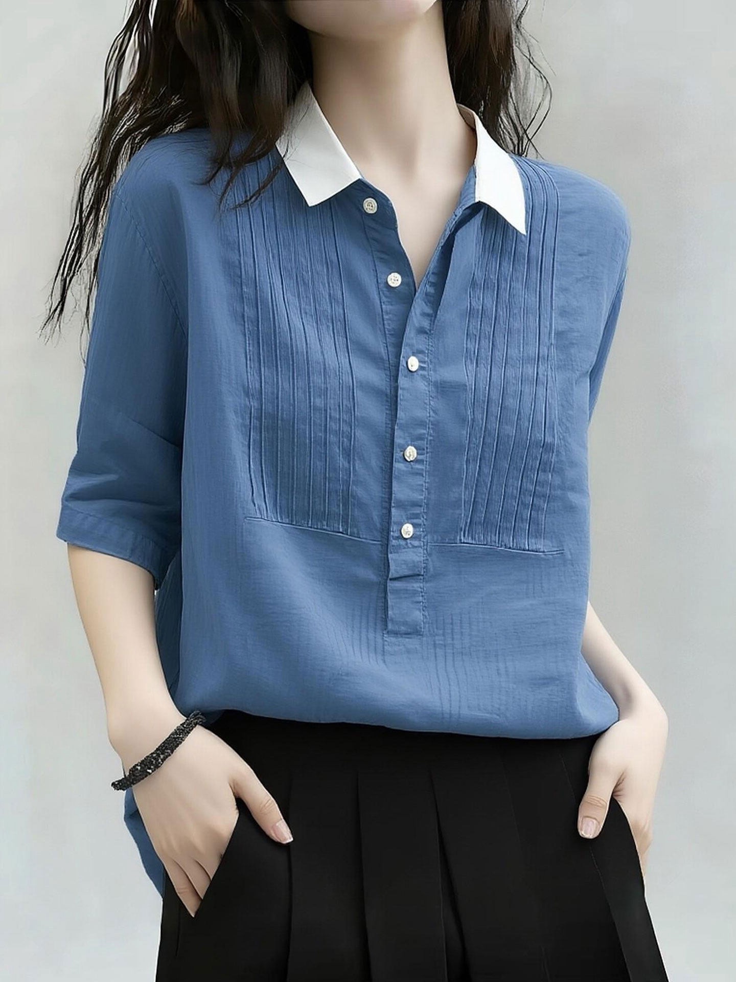 빛 요리 한 바람 파란색 폴로 칼라 긴팔 여성 셔츠 2026 여름 새로운 빅 사이즈 루즈핏 주름 디자인 단추 맨위