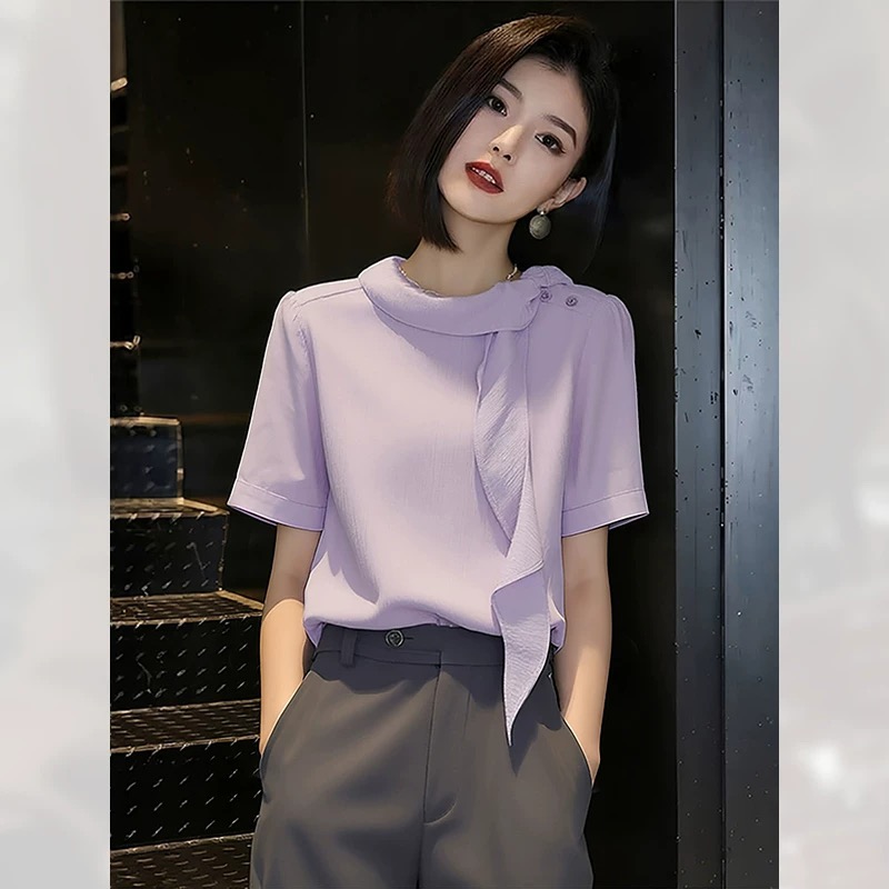 우아함 바람 리본 반팔 셔츠 아름다운 여성 의류 여름 2026 년 새로운 보라색 연령 감소 고유 한 맨위 작은 셔츠