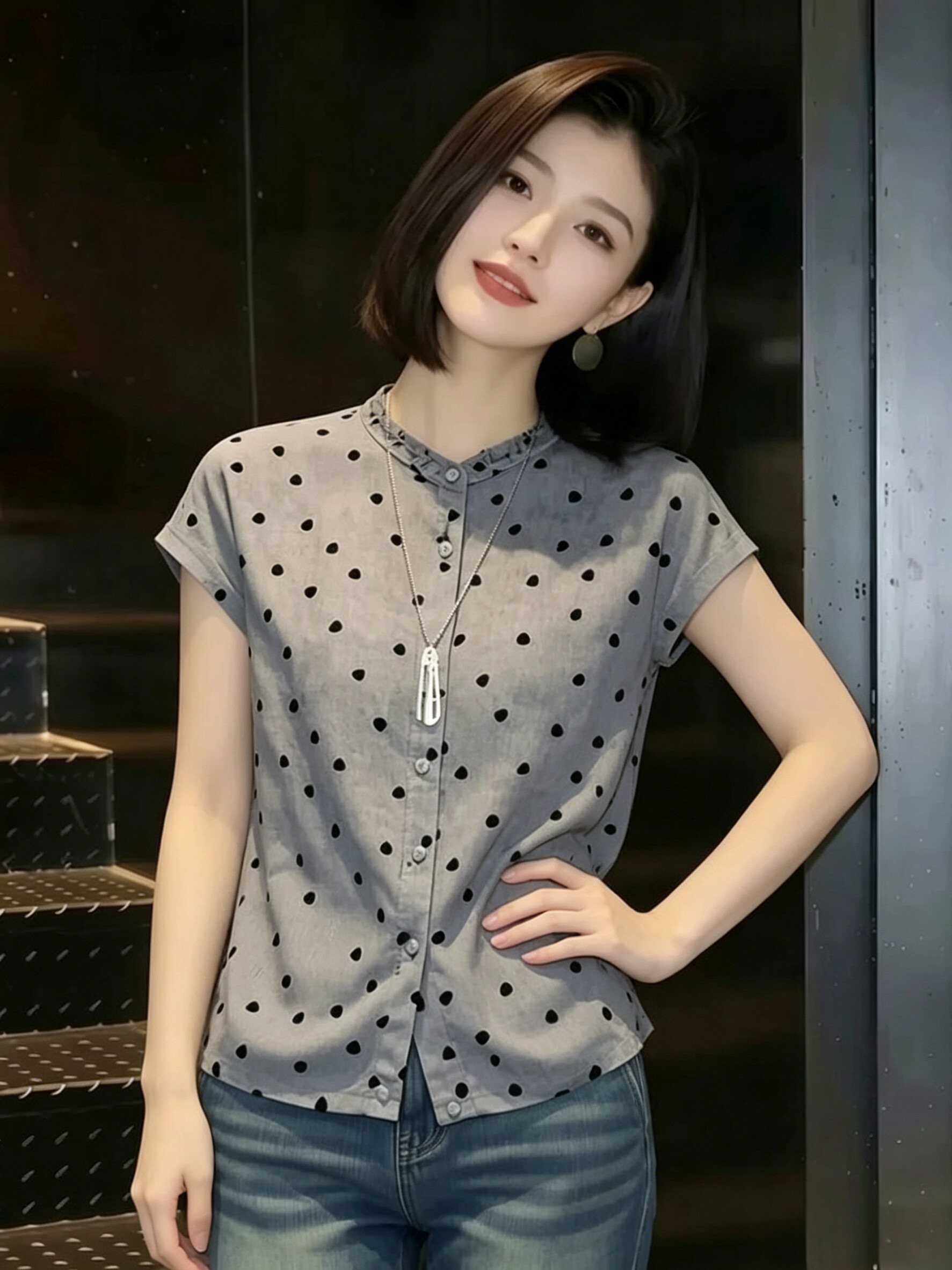 프랑스식 품격 빛 요리 한 바람 도트 무늬 반팔 여성 셔츠 2026 여름 새로운 Chic 슈퍼 잘 생긴 루즈핏 맨위 트렌디