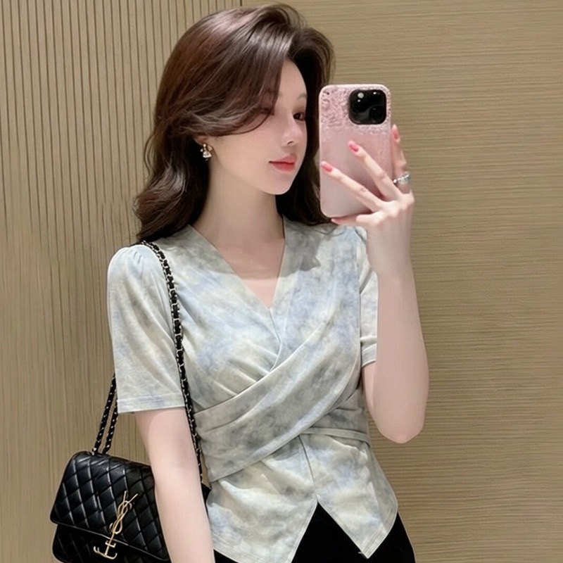 프랑스식 우아함 편안함 분위기 센스 절묘한 디자인 센스 V넥 반팔 여성 셔츠 여름 허리 수축 슬림해 보이는 트임 맨위