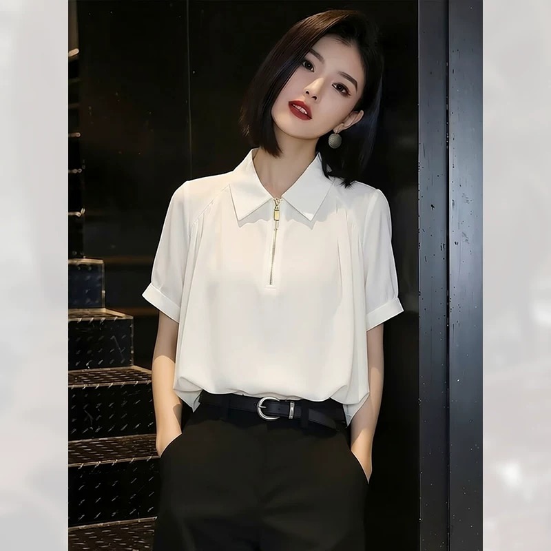 출퇴근 패션 POLO 칼라 여성 셔츠 여름 2026 년 새로운 미니멀리즘 반팔 맨위 품격 고급 센스 셔츠