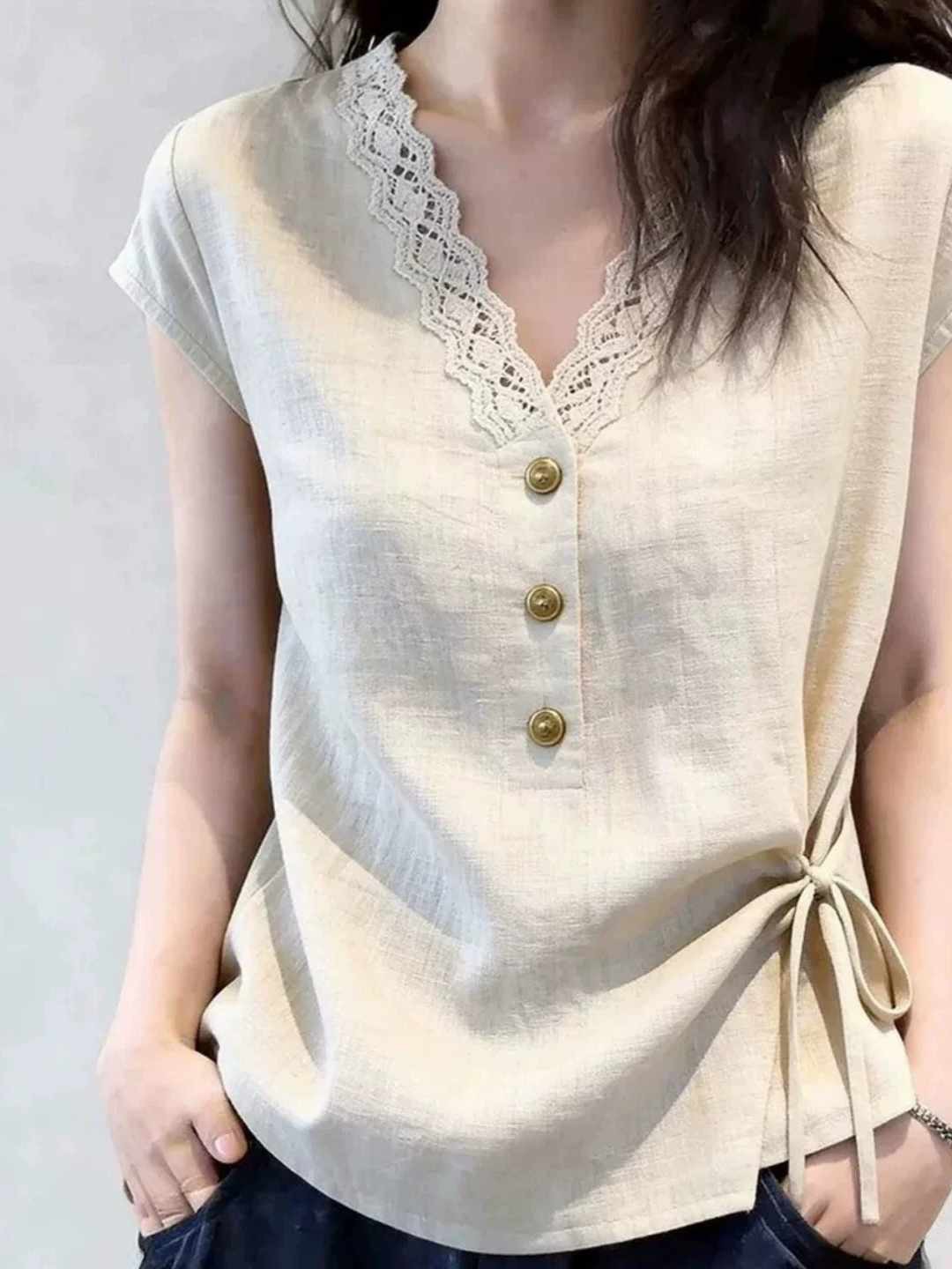 빛 요리 한 우아함 바람 V넥 레이스 반팔 여성 셔츠 2026 여름 빅 사이즈 지방 mm 레이스업 허리 수축 고급 센스 맨위