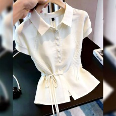 批发2026年夏季新品法式设计感收腰<b class='q'>衬衫</b>女系带气质小众时尚白色上衣女