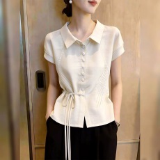 批发2026年夏季新品法式设计感收腰<b class='q'>衬衫</b>女系带气质小众时尚白色上衣女