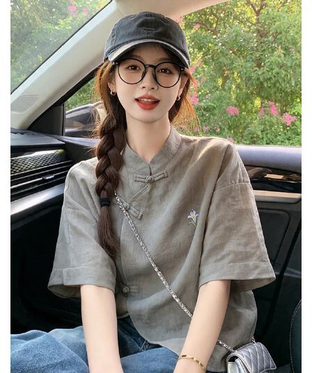 새로운 중식 국풍 고급 여성 셔츠 차 회색 붓꽃을 만발하다 면 린넨 반팔 티셔츠 여름 영 에디션 개선 당나라