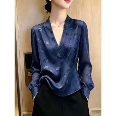 批发2026早秋新款欧洲站时尚通勤v领碎花气质减龄<b class='q'>长袖</b><b class='q'>衬衫</b>
