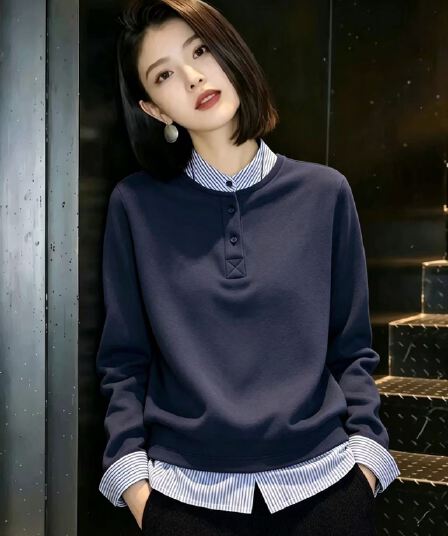 스탠드 칼라 스트라이프 패치워크 페이크 레이어드 긴팔 T 셔츠 여성 2026 여름 새로운 풀오버 레트로 맨위