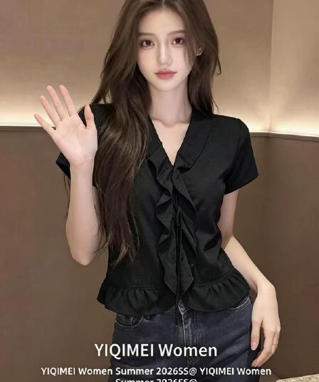 검정색 V넥 반팔 여성 셔츠 여름 맨위 셔츠