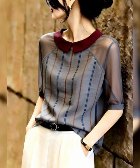 2026 여름 새로운 프랑스식 작은 폴로 칼라 스트라이프 맨위 여성 작은 대중 시스루 패치워크 고유 한 패션 다용도 셔츠