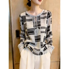 批发复古几何条纹印花<b class='q'>衬衣</b>女领口系带蕾丝袖口<b class='q'>宽松</b>显瘦休闲长袖上衣