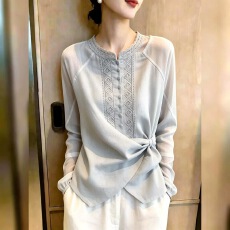 批发通勤风<b class='q'>立领</b>蕾丝上衣女显瘦收腰百搭韩版长袖衬衫超好看时尚高级感