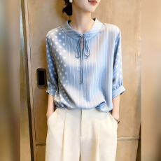 批发条纹<b class='q'>波点</b><b class='q'>衬衫</b>女中袖显瘦百搭时尚上衣通勤蓝色减龄2026年秋季新款
