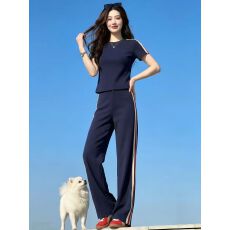批发流行炸街休闲运动套<b class='q'>装</b>女夏季显瘦洋气设计感撞色短袖阔腿<b class='q'>裤</b><b class='q'>两件套</b>
