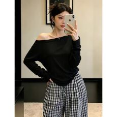 批发夏季慵懒风斜肩长袖上衣+格子<b class='q'>裤</b>套装女2026新款显瘦宽松两件套潮