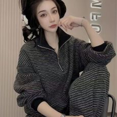 批发小个子休闲时尚套装秋<b class='q'>冬</b>新款宽松条纹洋气上衣显瘦阔腿裤两件套潮