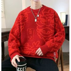 批发本命年大红色毛衣男秋冬季潮牌加厚保暖宽松慵懒风针织线衣