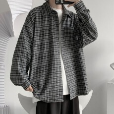 批发慵懒格子长袖衬衫男秋季<b class='q'>复古</b>痞帅外套春秋设计感宽松港风<b class='q'>日系</b>衬衣