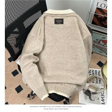 假两件衬衫领毛衣女秋装新款内搭慵懒风撞色翻领灰色针织衫上衣