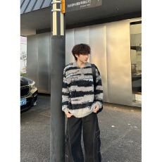 批发条纹仿貂毛polo领针织毛衣女秋冬美式设计感宽松慵懒上衣