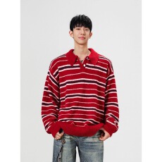 批发条纹仿貂毛polo领针织毛衣女秋冬美式设计感宽松慵懒上衣