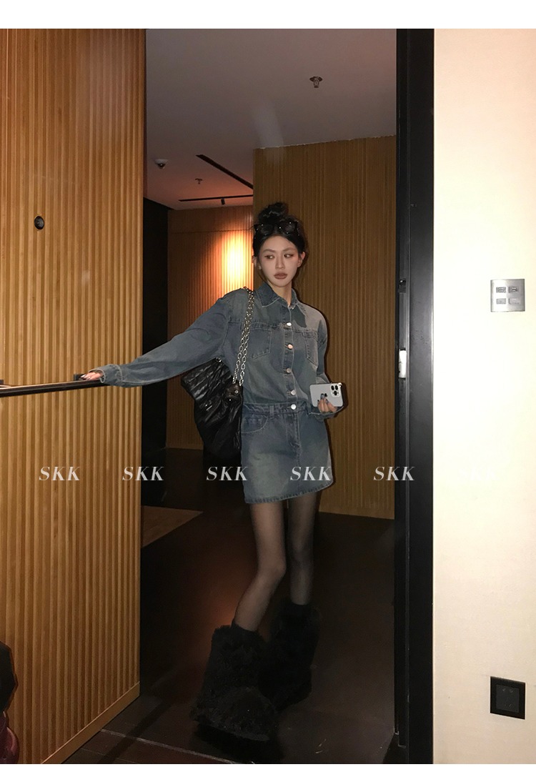 skk store 뉴욕 길모퉁이 레트로 프랑스식 워싱 디스플레이 슬림 세트 에디션 데님 드레스 봄 여성