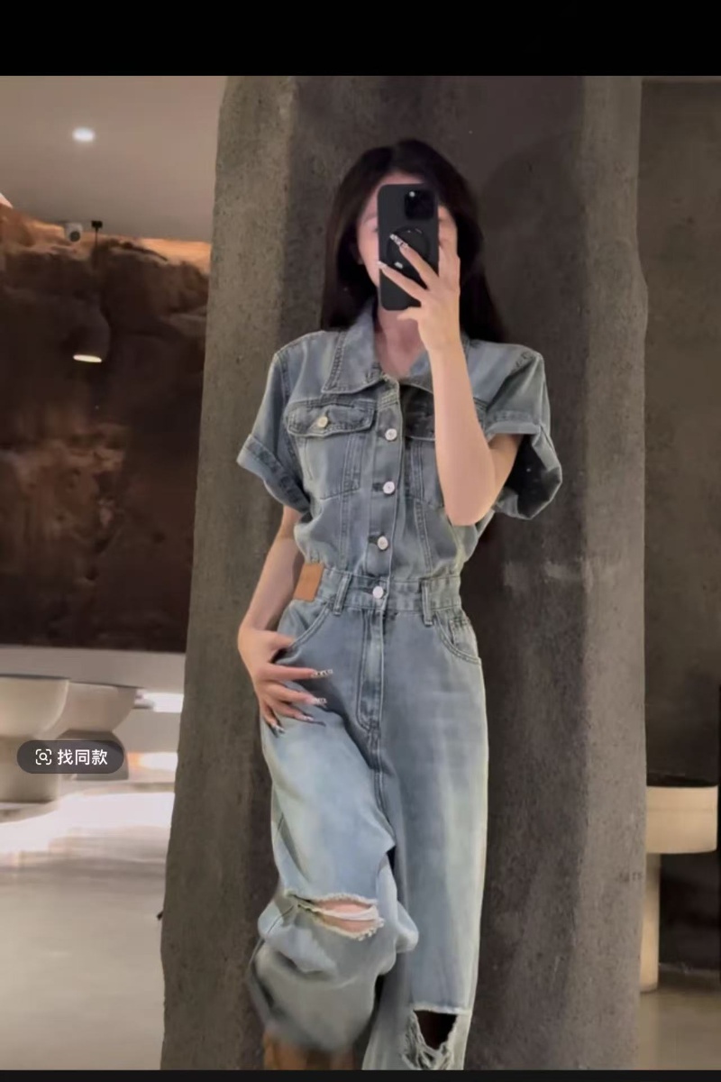 아메리칸 레트로 거친 가장자리 반팔 점프 슈트 여름 디자인 센스 찢어진 부분 허리 수축 데님 점프 슈트 바지 바닥 청소 바지