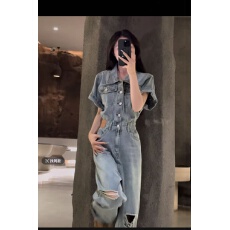 批发美式复古毛边短袖<b class='q'>连体裤女</b>夏季设计感破洞收腰<b class='q'>牛仔</b>连衣裤拖地裤