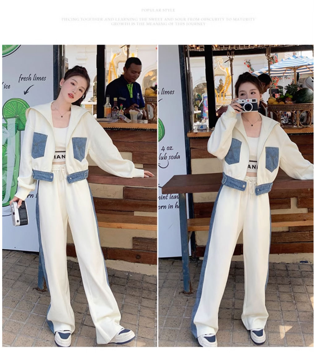 데님 패치워크 캐주얼 스포츠 슈트 여성 가을 2026 새로운 투피스 세트 인기 연령 감소 학원 스타일