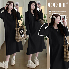 批发实拍有货孕妇秋装加厚连衣裙2025新款宽松大码连帽仿羊绒呢卫衣裙